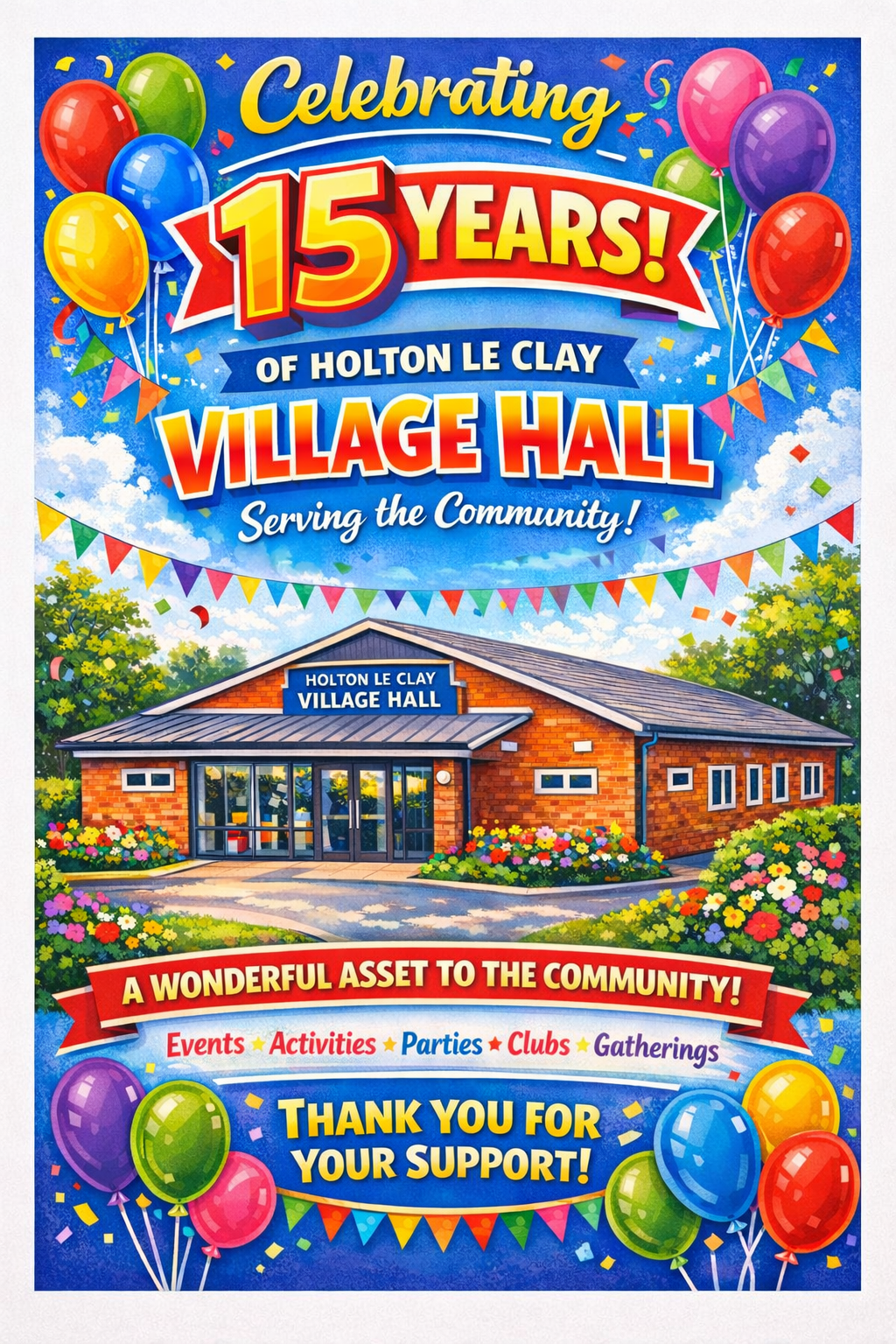 The village hall has been open for fifteen years